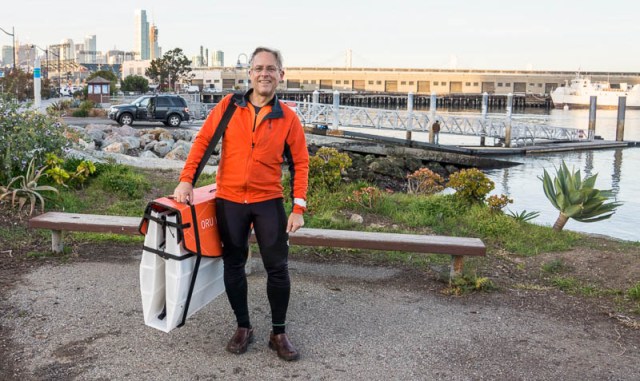 At the Bay with the Oru Kayak in suitcase form
